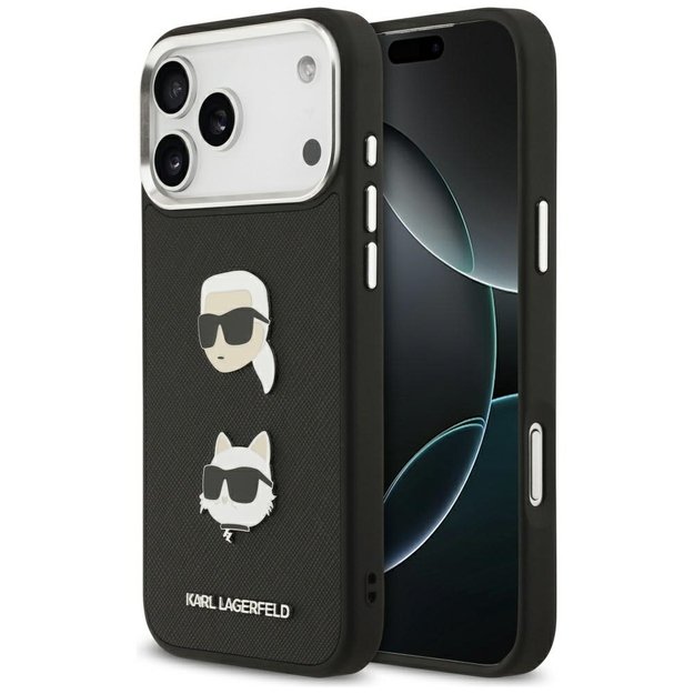 Karl Lagerfeld FW Grained Karl &amp  Choupette Heads Pins &amp  Logo iPhone 17 Pro Max Case - Black