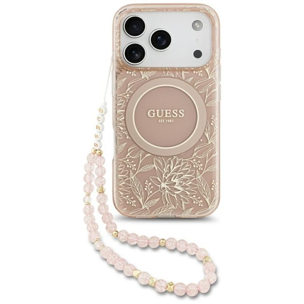 Guess IML Flowers Electro Pearl Strap MagSafe Case for iPhone 17 Pro - Pink