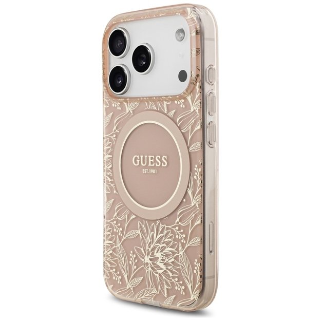 Guess IML Flowers Electro Pearl Strap MagSafe Case for iPhone 17 Pro - Pink 2
