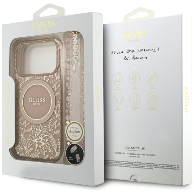 Guess IML Flowers Electro Pearl Strap MagSafe Case for iPhone 17 Pro - Pink 7