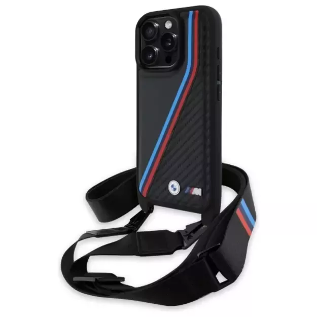 BMW M Edition Carbon Tricolor Lines &amp  Strap Case for iPhone 16 Pro Max - Black