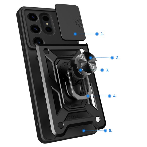 Hybrid Armor Camshield case for Samsung Galaxy S24 Ultra armored with camera cover - black 1