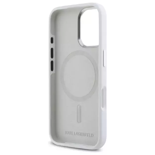Karl Lagerfeld Silicone Initial Metal Logo MagSafe iPhone 16 Case - White 13