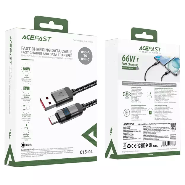 Acefast C15-04 USB-A - USB-C Cable with Display 480Mb/s 66W 1.2m - Black 10