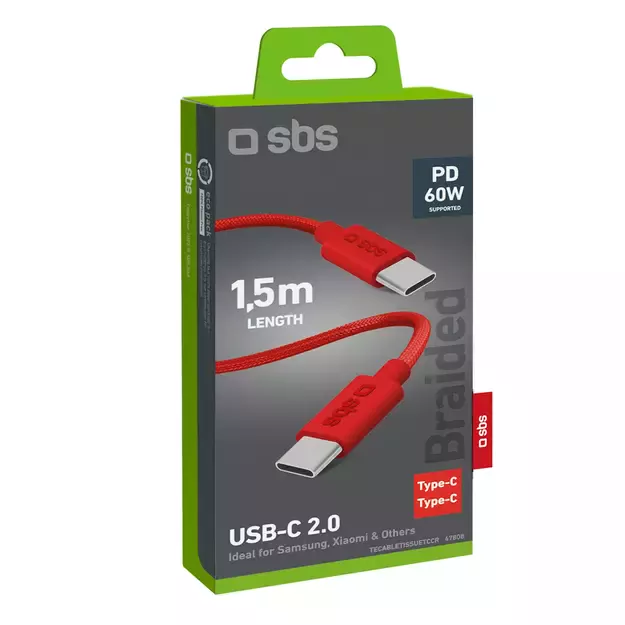 SBS TECABLETISSUETCCR USB-C - USB-C 1.5m 60W Braided Cable - Red 10
