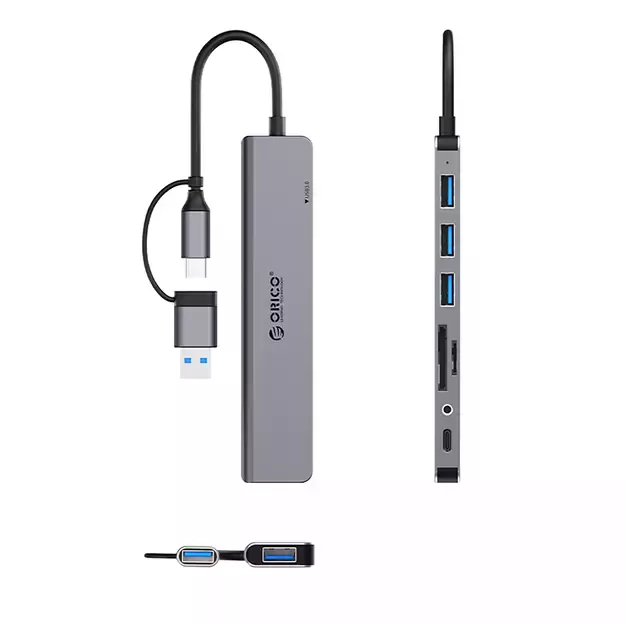 Orico YSA8-U3 USB-A/USB-C Hub Docking Station 3x USB-A 2.0 + 1x USB-A 3.0 + 1x USB-C 2.0 + 1x 3.5mm Audio + 2x TF&amp SD - Gray 1