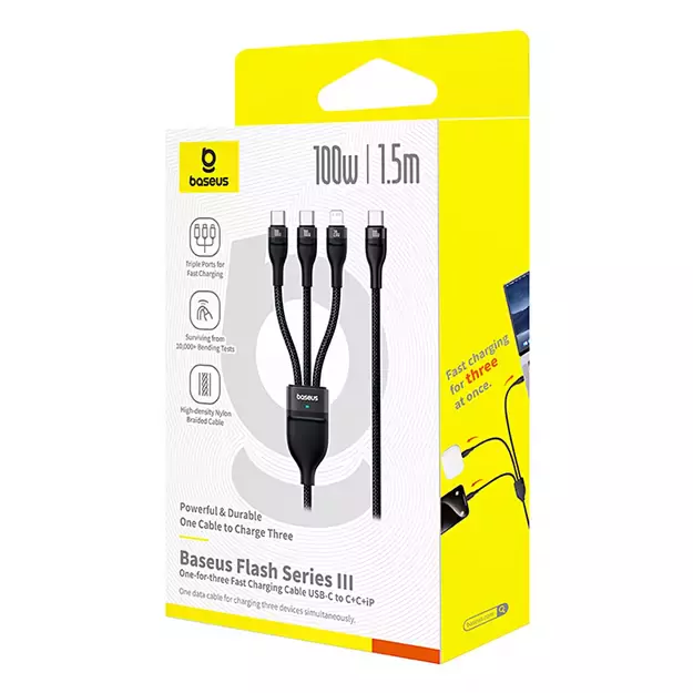 Baseus Flash Series 3 3in1 cable 100W USB-C - USB-C+USB-C+ Lightning 1.5m + 3 x 0.25 m - black 6