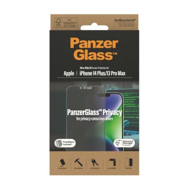 PanzerGlass Ultra-Wide Fit Tempered Glass Antibacterial Privacy with Positioner for iPhone 14 Plus / 13 Pro Max 7
