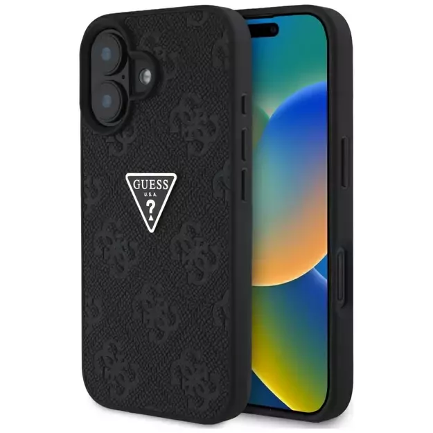 Guess Hot Stamp 4G Pattern Triangle Metal Logo case for iPhone 16 - black