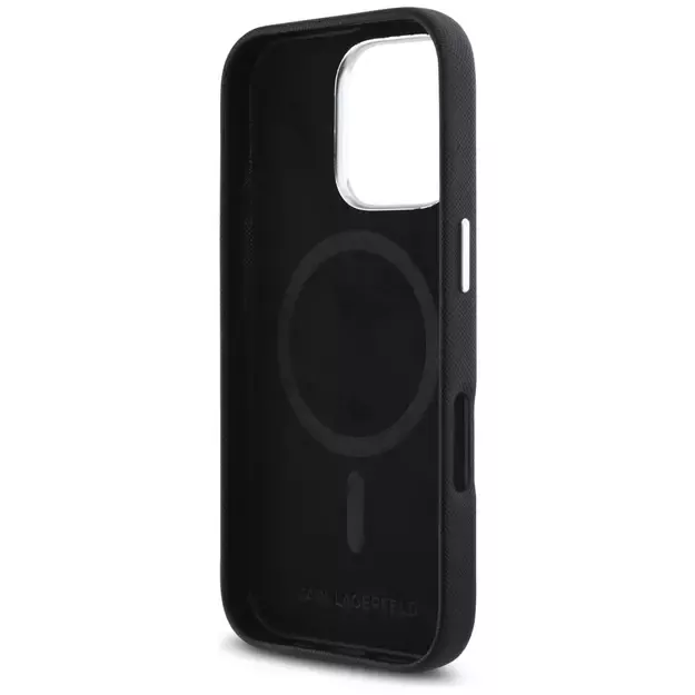 Karl Lagerfeld Saffiano Full Wrapped Elongated Metal Logo MagSafe iPhone 16 Pro Case - Black 13