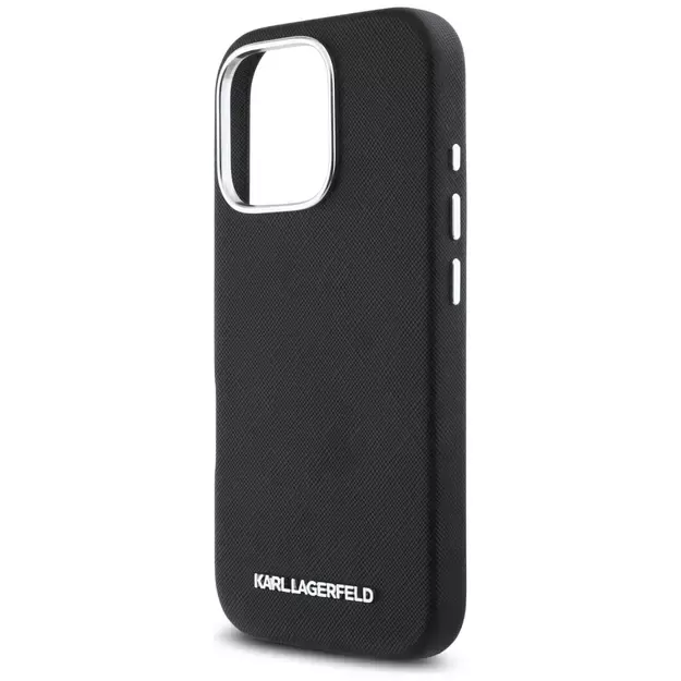Karl Lagerfeld Saffiano Full Wrapped Elongated Metal Logo MagSafe iPhone 16 Pro Case - Black 12