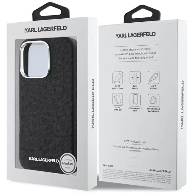 Karl Lagerfeld Saffiano Full Wrapped Elongated Metal Logo MagSafe iPhone 16 Pro Case - Black 14
