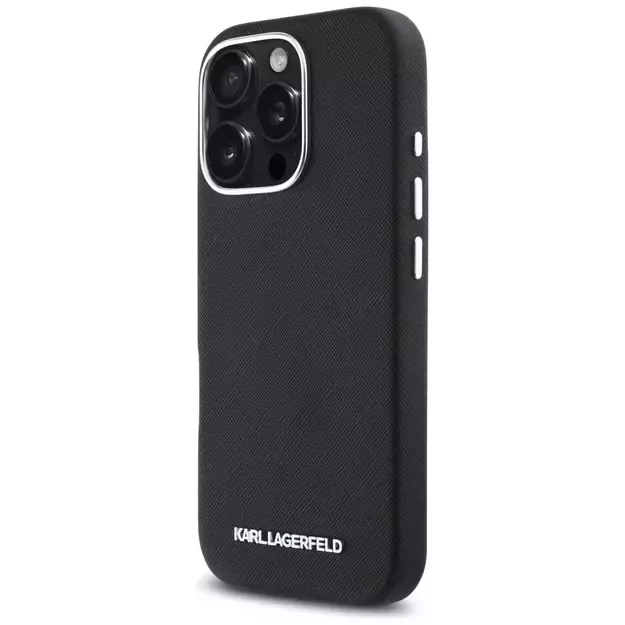 Karl Lagerfeld Saffiano Full Wrapped Elongated Metal Logo MagSafe iPhone 16 Pro Case - Black 8