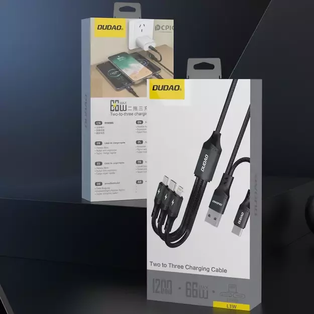 Dudao L3W USB-A/USB-C to Lightning/USB-C/MicroUSB 66W Cable - Black 3