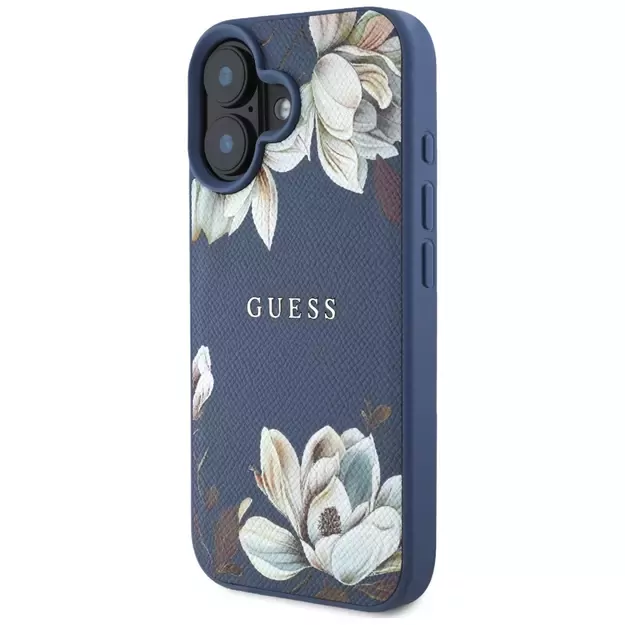 Guess Grained Printed Flower Pattern MagSafe case for iPhone 16 blue 1