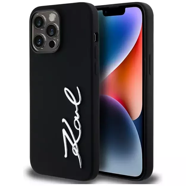 Karl Lagerfeld Silicone Metal Script Logo Case for iPhone 14 Pro Max Black