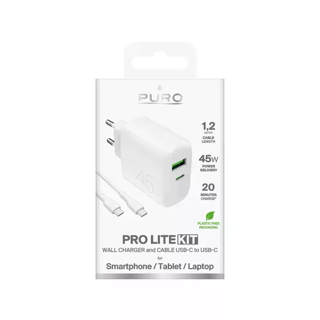 Puro Daily Prolite 45W USB-C USB-A Power Delivery Charger with USB-C Cable - White 1