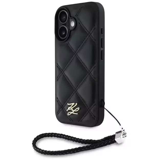 Karl Lagerfeld Quilted Initial Logo &amp  Chain Strap iPhone 16 Case - Black