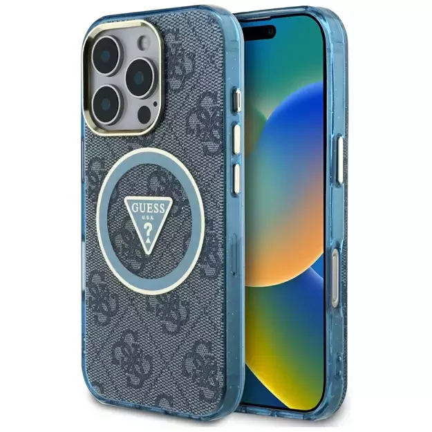 Guess IML Metal Glitter 4G Circle Triangle MagSafe Case for iPhone 16 Pro - Blue