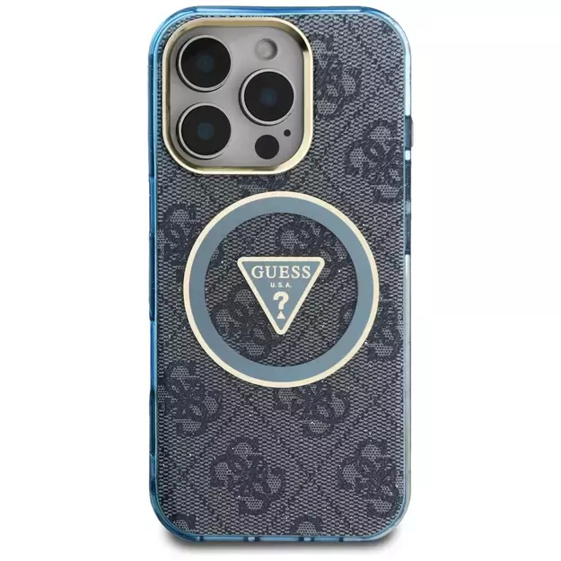 Guess IML Metal Glitter 4G Circle Triangle MagSafe Case for iPhone 16 Pro - Blue 2