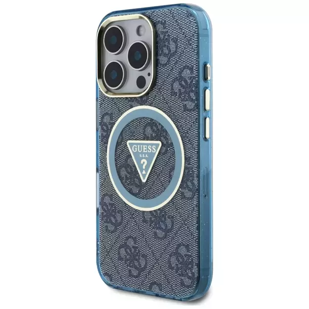 Guess IML Metal Glitter 4G Circle Triangle MagSafe Case for iPhone 16 Pro - Blue 1
