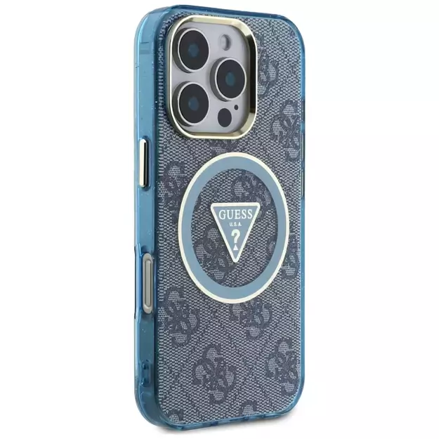 Guess IML Metal Glitter 4G Circle Triangle MagSafe Case for iPhone 16 Pro - Blue 3