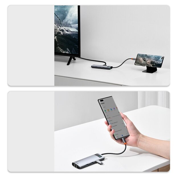 Baseus Metal Gleam 8in1 USB-C Hub - USB-C PD 100W 1x HDMI 4K 30Hz 1x SD and microSD card reader 3x USB-A 3.2 1xRJ45 - gray 20