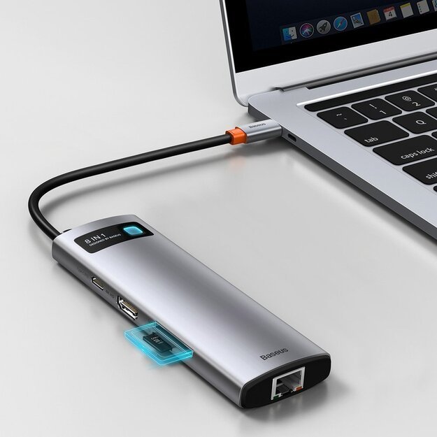 Baseus Metal Gleam 8in1 USB-C Hub - USB-C PD 100W 1x HDMI 4K 30Hz 1x SD and microSD card reader 3x USB-A 3.2 1xRJ45 - gray 9