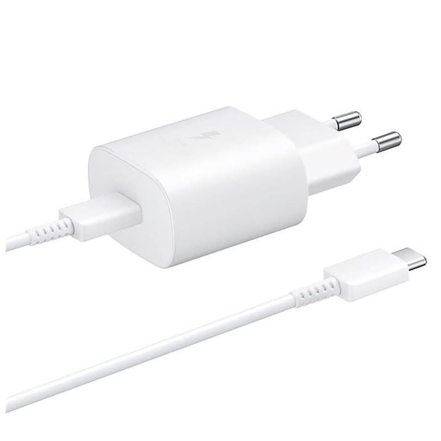 Samsung 25W EP-TA800EWE USB-C wall charger with Samsung EP-DA705BWE USB-C / USB-C cable replacement packaging - white