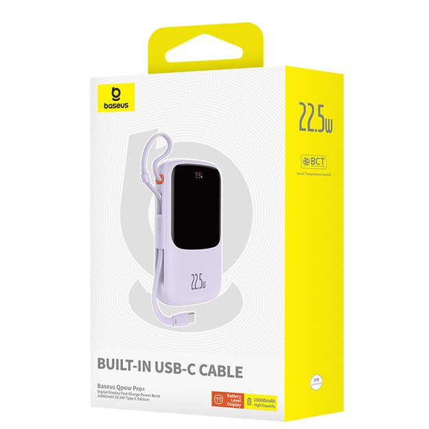 Baseus Qpow Pro+ 10000mAh 22.5W Power Bank with Built-in USB-C Cable and Display - Purple 6