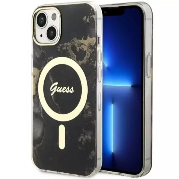 Guess GUHMP14SHTMRSK iPhone 14 6.1&quot  black/black hardcase Golden Marble MagSafe