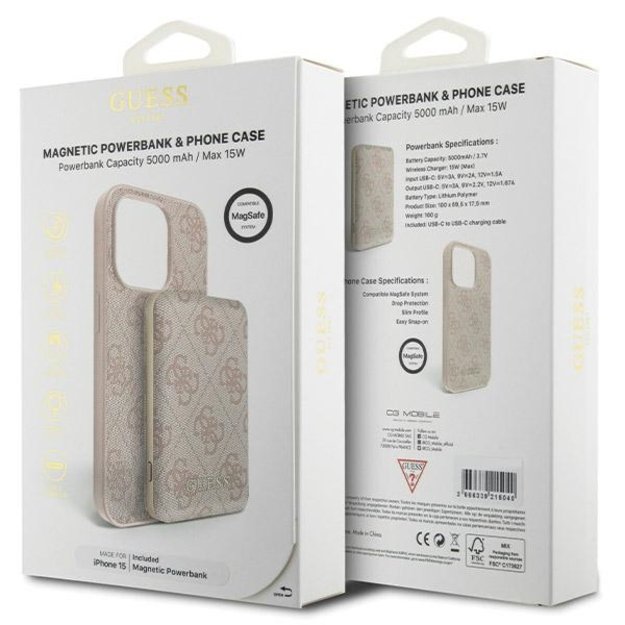Guess 4G Metal Logo case set for iPhone 15 + 5000mAh MagSafe power bank - pink 10