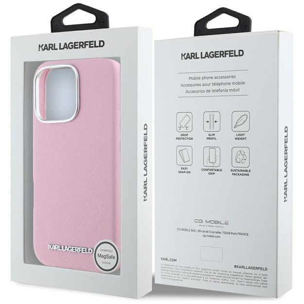 Karl Lagerfeld Saffiano Full Wrapped Elongated Metal Logo MagSafe iPhone 16 Pro Case - Pink 7