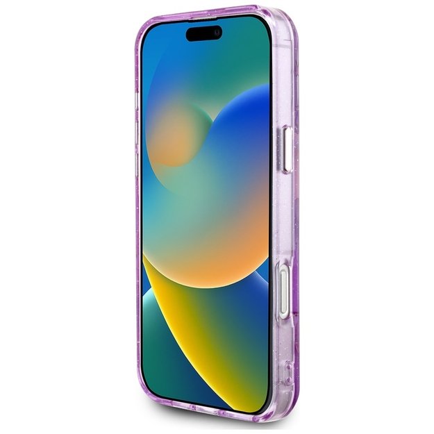 Guess Glitter Flowers Triangle Buttons MagSafe Case for iPhone 16 Pro Purple 4