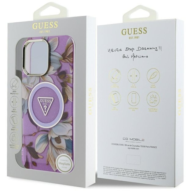 Guess Glitter Flowers Triangle Buttons MagSafe Case for iPhone 16 Pro Purple 7