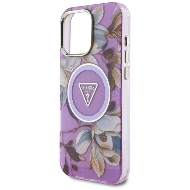 Guess Glitter Flowers Triangle Buttons MagSafe Case for iPhone 16 Pro Purple 5