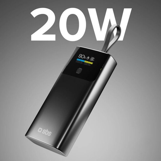 SBS 10000mAh PD 20W Powerbank with LCD Display and Built-in USB-C Cable - Gray 1