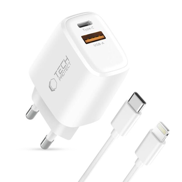 Tech-Protect NCA30 PD 30W QC3.0 USB-A / USB-C Wall Charger + USB-C / Lightning Cable 100cm - White 1