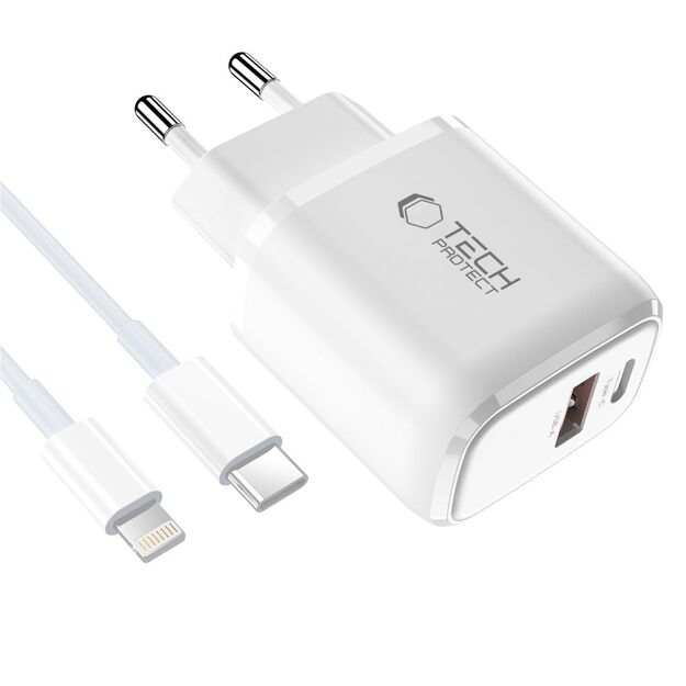 Tech-Protect NCA30 PD 30W QC3.0 USB-A / USB-C Wall Charger + USB-C / Lightning Cable 100cm - White 2