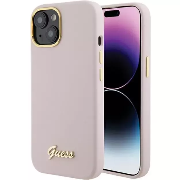 Guess Silicone Script Metal Logo &amp  Frame case for iPhone 15 - pink