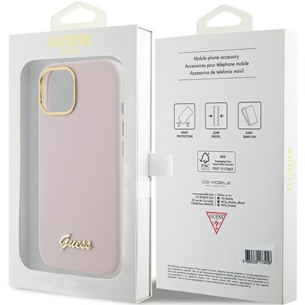 Guess Silicone Script Metal Logo &amp  Frame case for iPhone 15 - pink 7