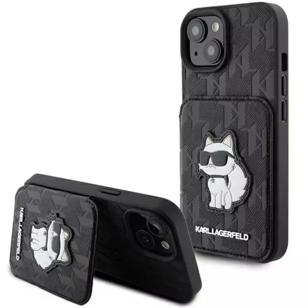 Karl Lagerfeld Saffiano Cardslots and Stand Monogram Choupette case for iPhone 15 - black