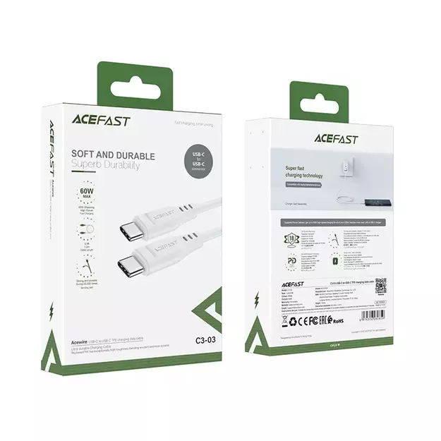 Acefast C3-03 USB-C - USB-C PD QC cable 60W 3A 480Mb/s 1.2m - white 4