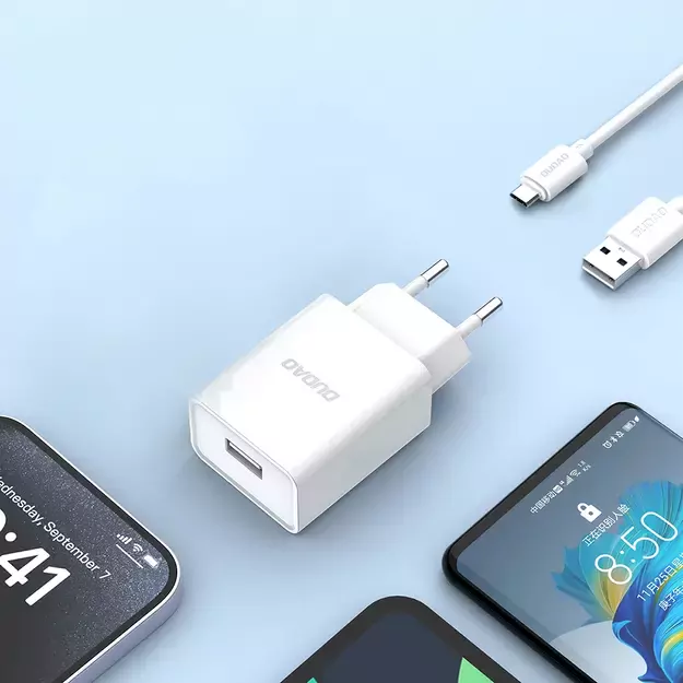 Dudao A4EU USB-A 2.1A wall charger - white + USB-A - micro USB cable 8