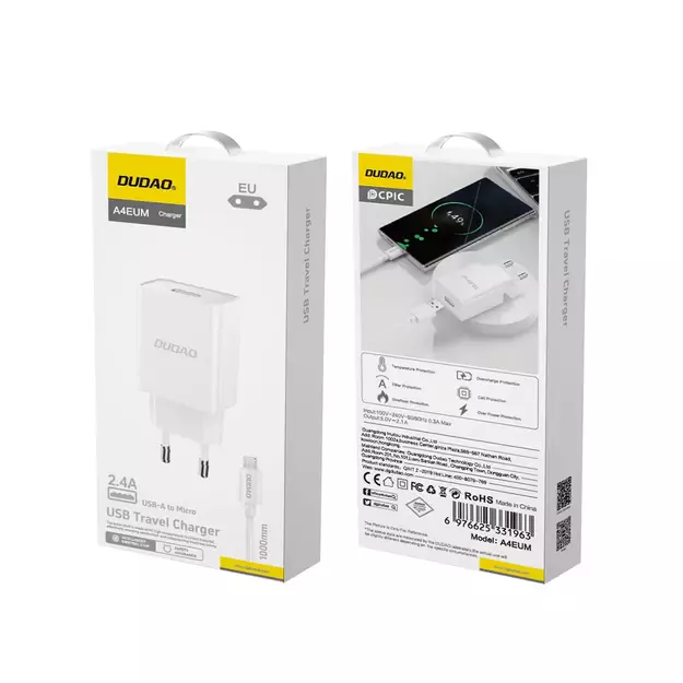Dudao A4EU USB-A 2.1A wall charger - white + USB-A - micro USB cable 2