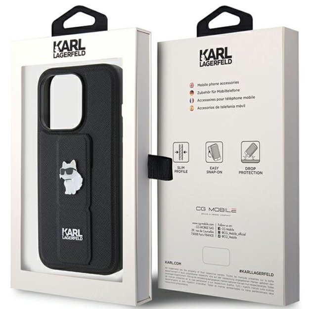 Karl Lagerfeld Gripstand Saffiano Choupette Pins case for iPhone 15 Pro Max - black 16