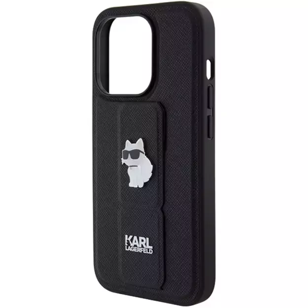 Karl Lagerfeld Gripstand Saffiano Choupette Pins case for iPhone 15 Pro Max - black 6