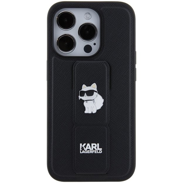 Karl Lagerfeld Gripstand Saffiano Choupette Pins case for iPhone 15 Pro Max - black 11