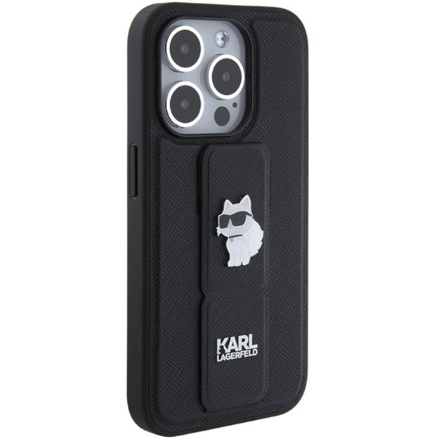 Karl Lagerfeld Gripstand Saffiano Choupette Pins case for iPhone 15 Pro Max - black 12