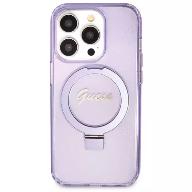 Guess Ring Stand Script Glitter MagSafe case for iPhone 14 Pro Max - purple 9
